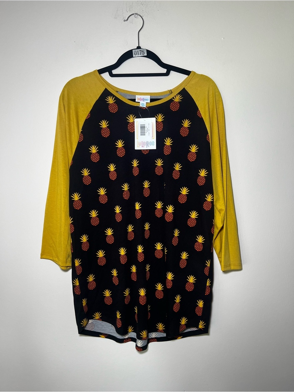 LuLaRoe Randy Black Pineapple Print Baseball Tee with Mustard Sleeves